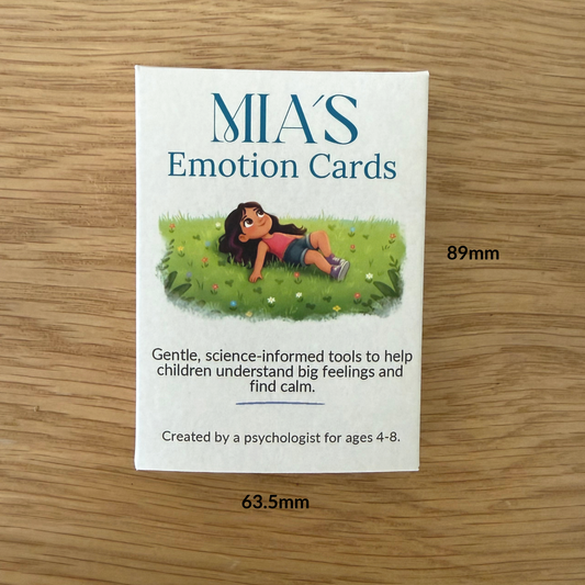 Box of Mia’s Emotion Cards showing product size (89mm x 63.5mm), a children’s emotional regulation card set designed to help kids understand feelings and find calm