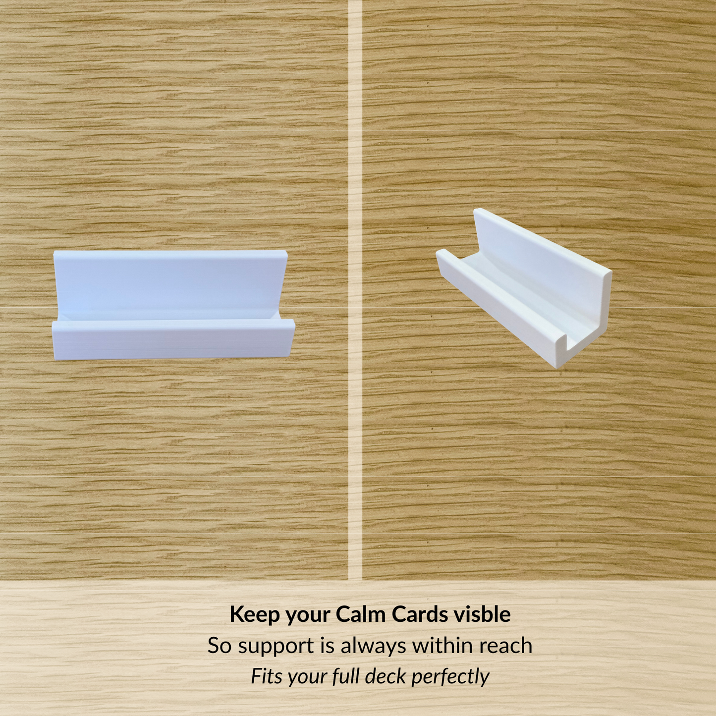 White card holder on a wooden surface with text about keeping Calm Cards visible.
