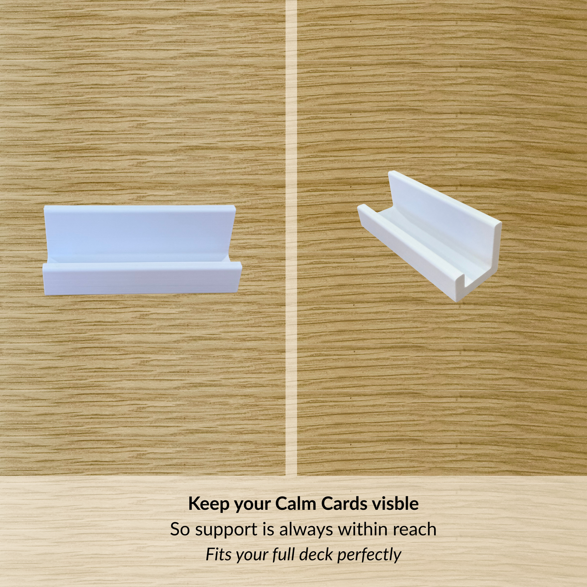 White card holder on a wooden surface with text about keeping Calm Cards visible.