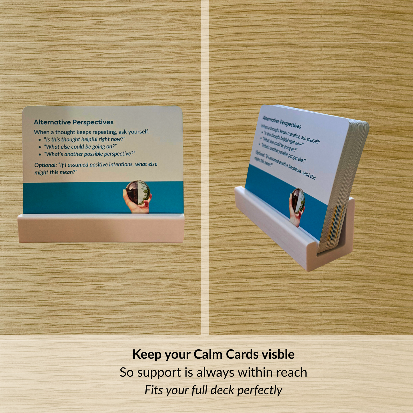 White Calm Cards display stand holding a full deck of calm cards shown from front and angled views on a wooden surface