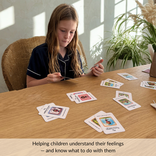 Young child sitting at a table using emotion cards to understand feelings and learn calming strategies through play and conversation