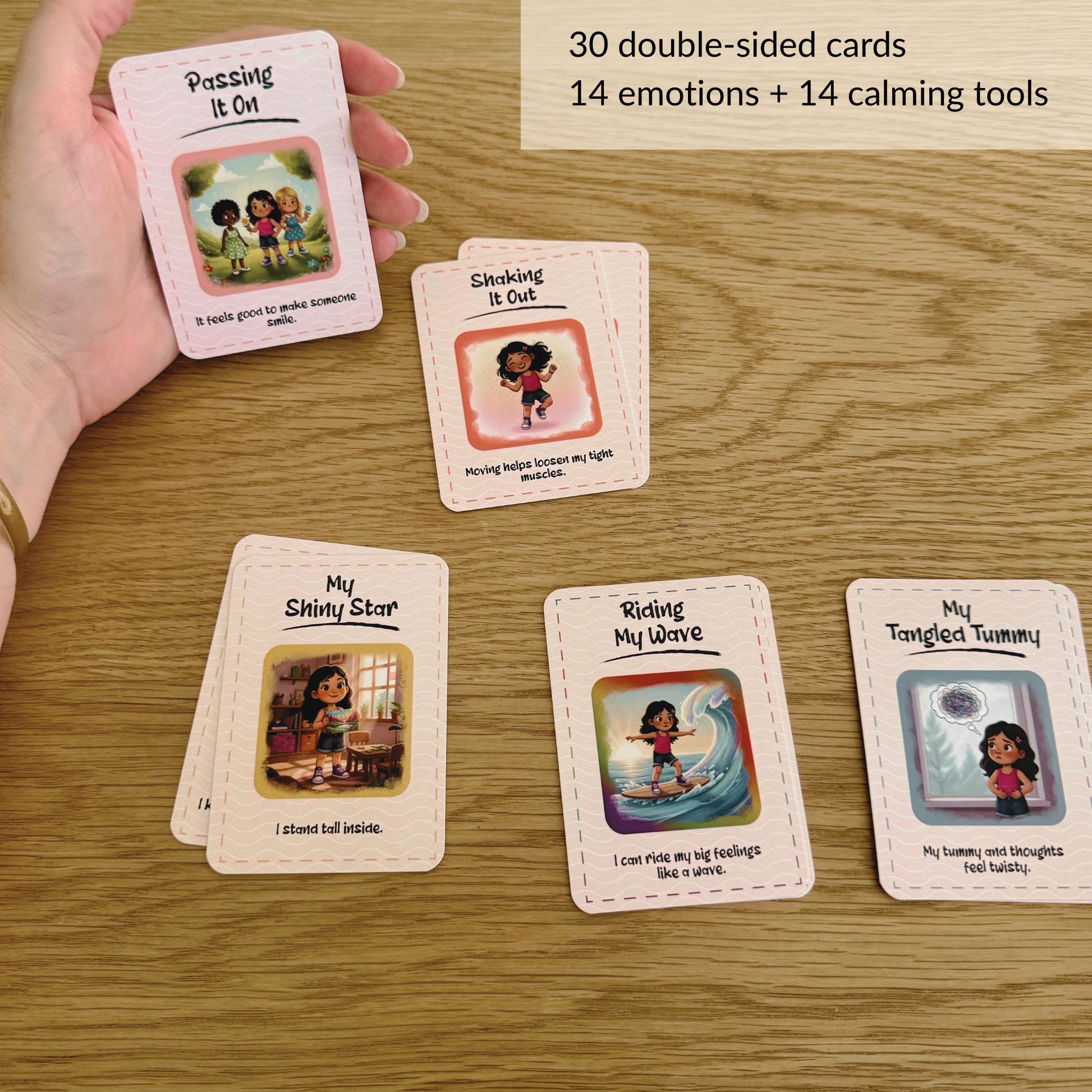 Examples of children’s emotion cards showing illustrated feelings and calming strategies, including confidence, movement, and emotional awareness tools