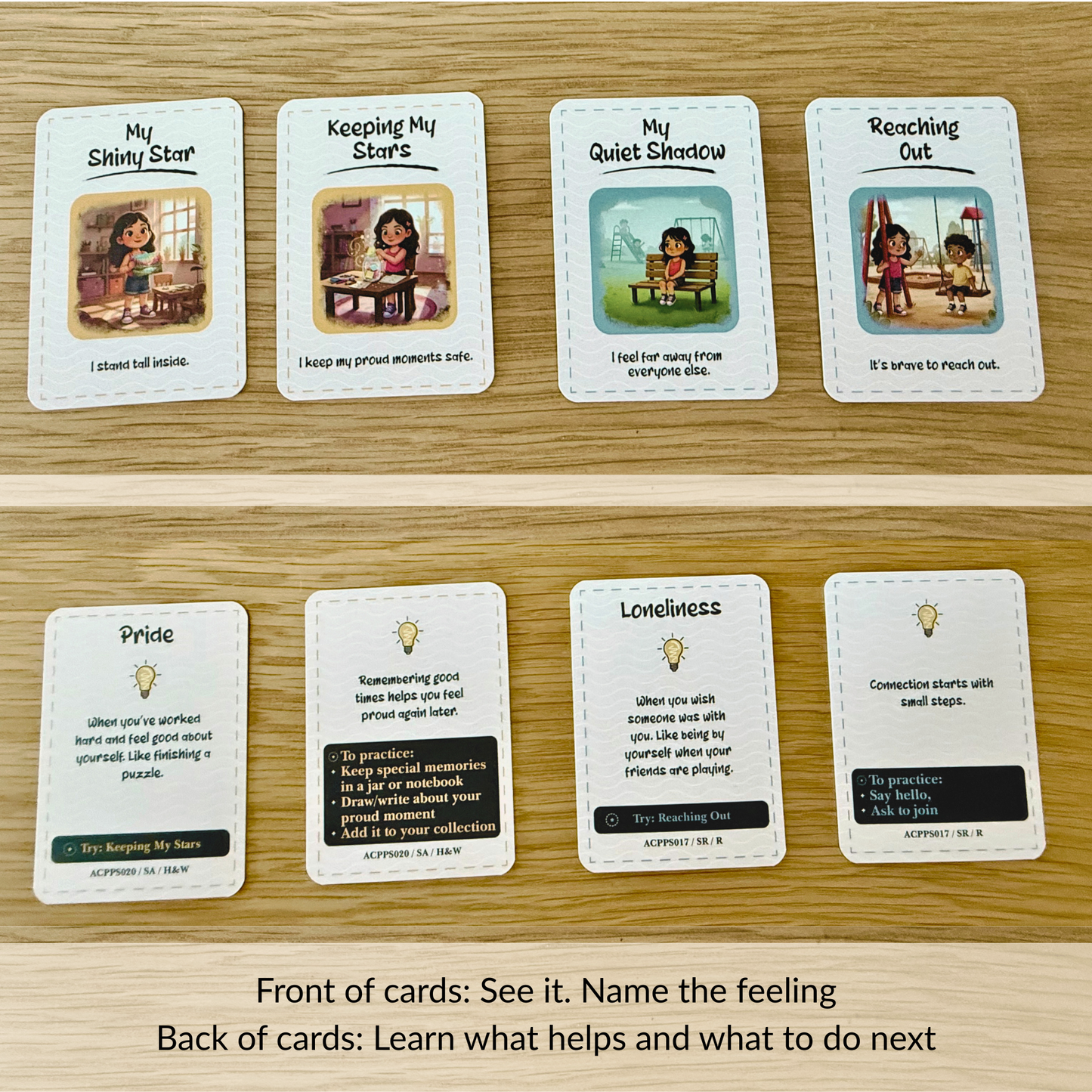 Front and back of emotion cards showing feelings on one side and simple coping tools and prompts on the other for emotional regulation