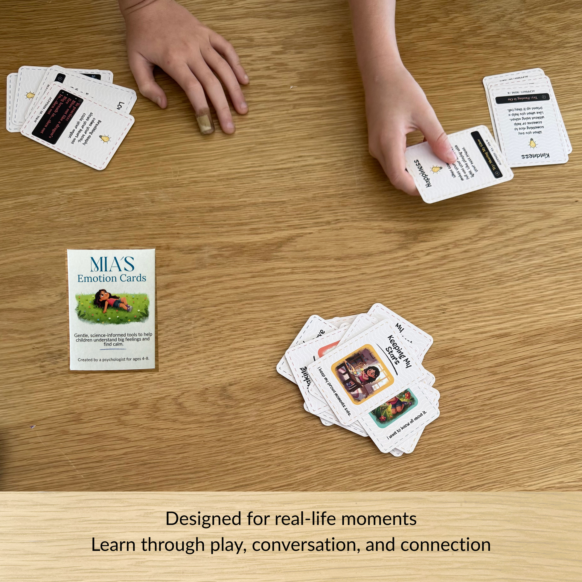 Children using emotion cards during play to build emotional awareness, communication skills, and confidence in real-life situations