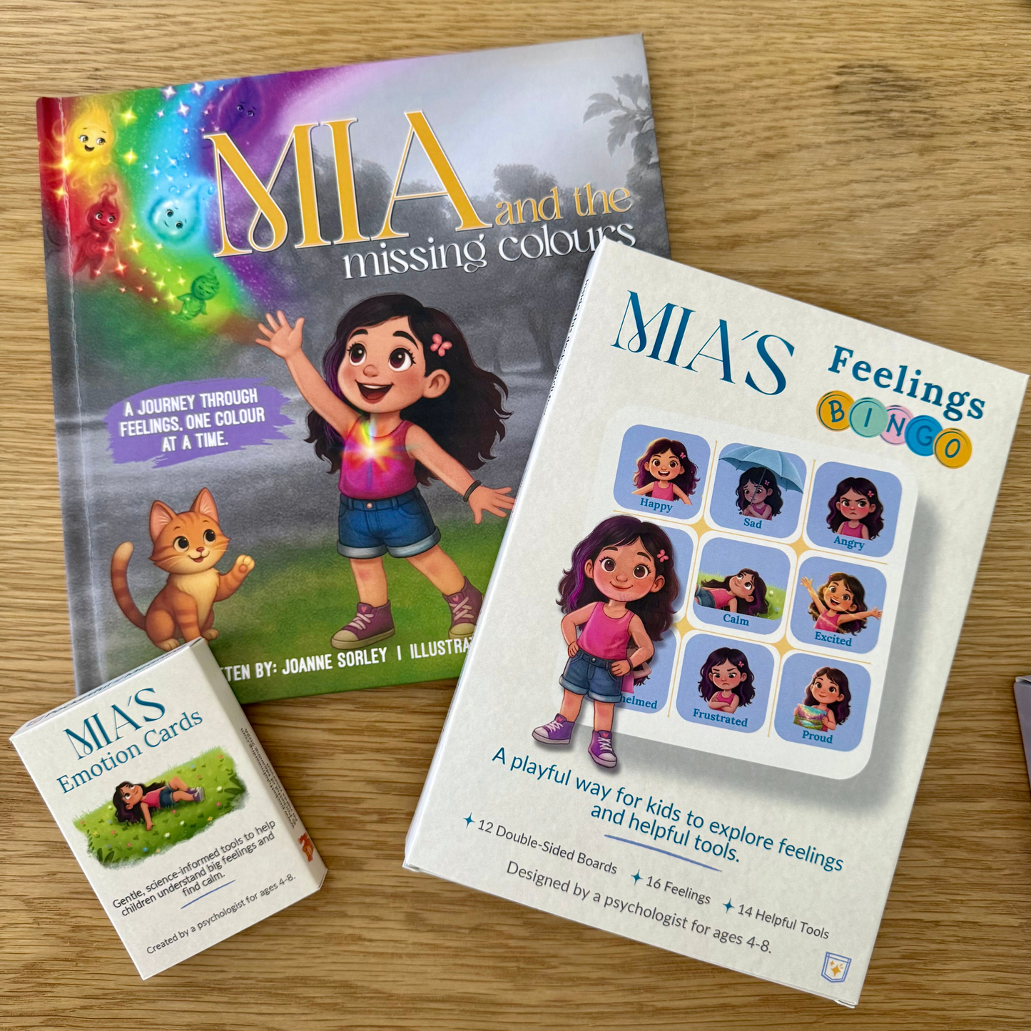 Mia feelings toolkit including children’s book emotion cards and feelings bingo game for emotional learning.