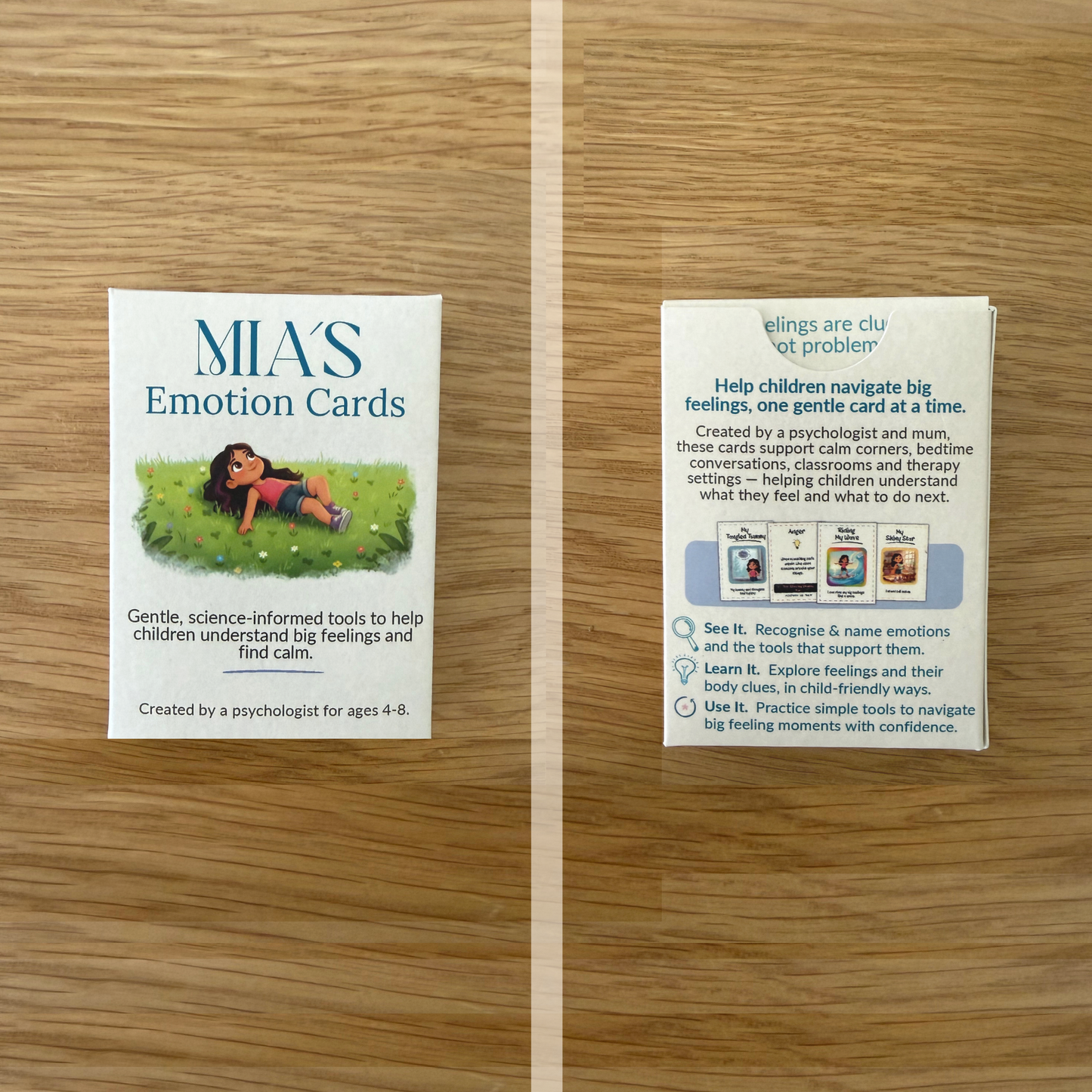 Front and back of Mia’s Emotion Cards packaging showing product details, benefits, and how the cards help children recognise emotions and build coping skills