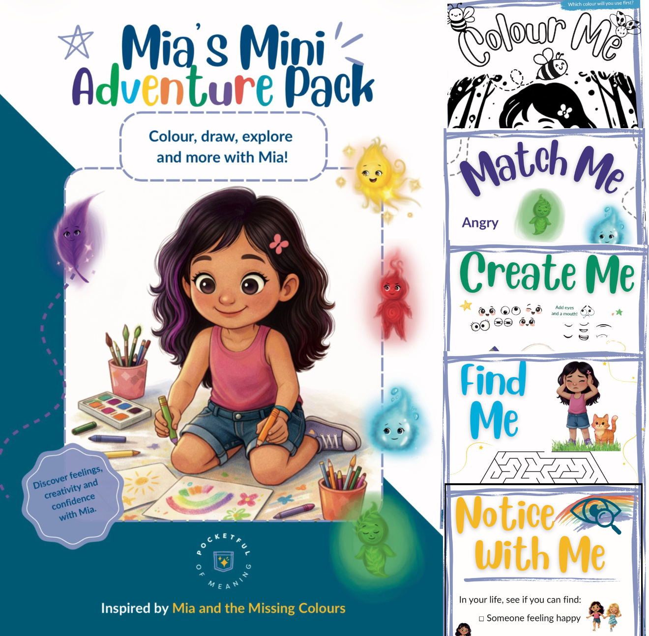 Cover and inside peek of Mia's Mini Adventure Pack, a free printable children's emotional literacy activity pack featuring Mia from Mia and the Missing Colours.