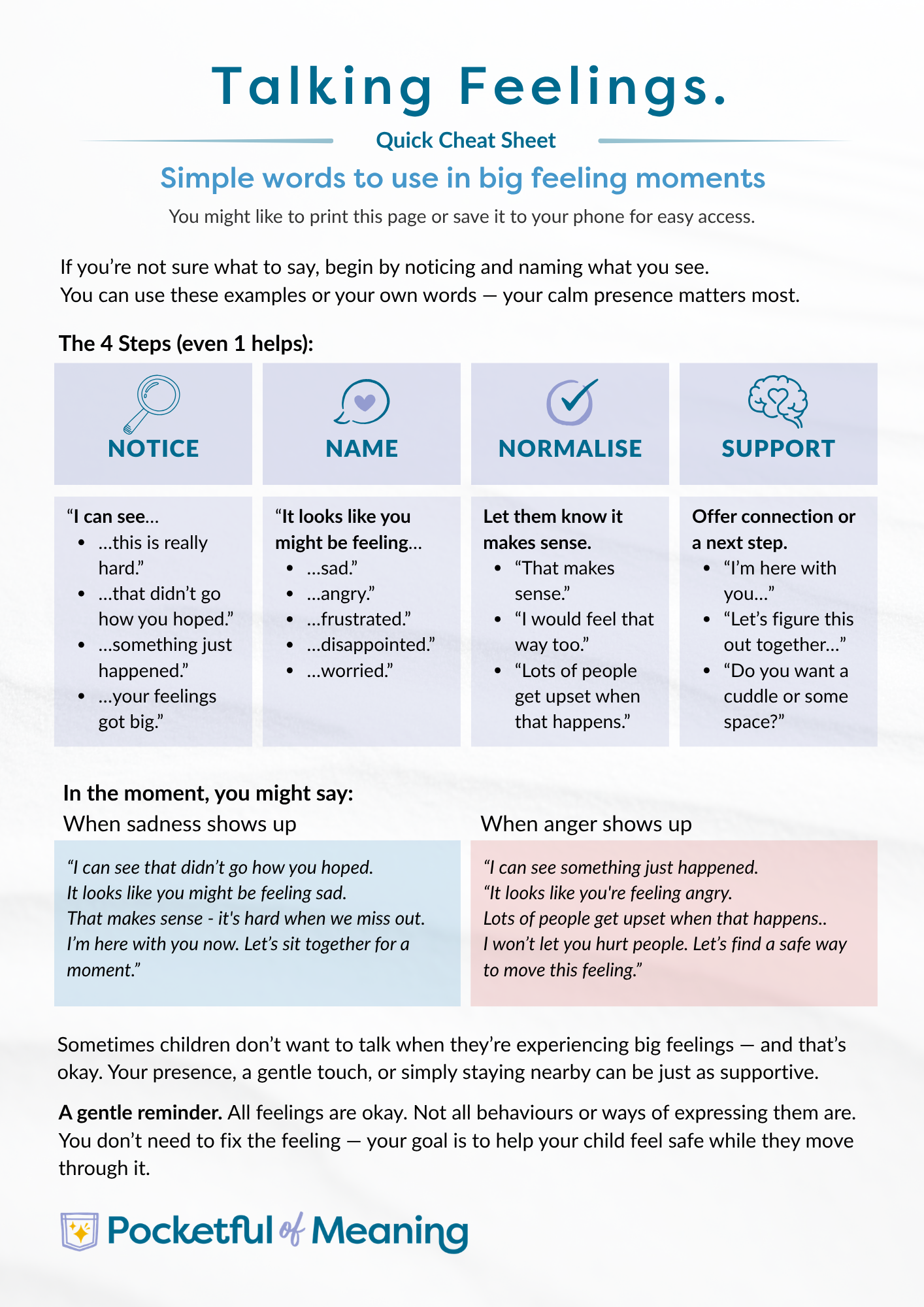 printable parenting and teacher cheat sheet with simple phrases to help children with big feelings including noticing naming emotions and offering support