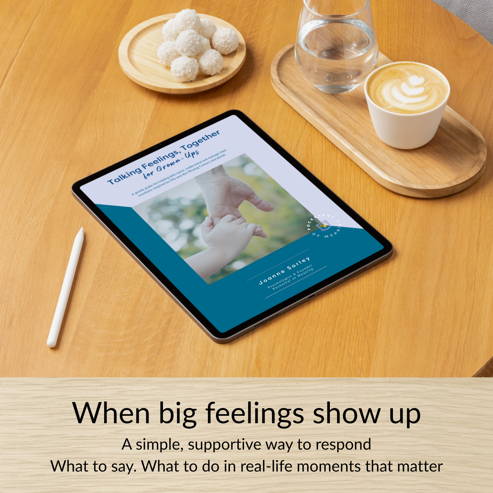 Tablet with digital parent guide Talking Feelings, Together to help guide parents and helpers when big feelings show up