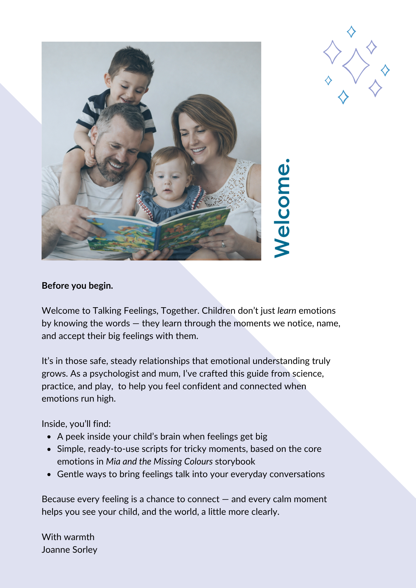 family reading together representing emotional connection and learning, introduction page of a parenting guide about children’s feelings