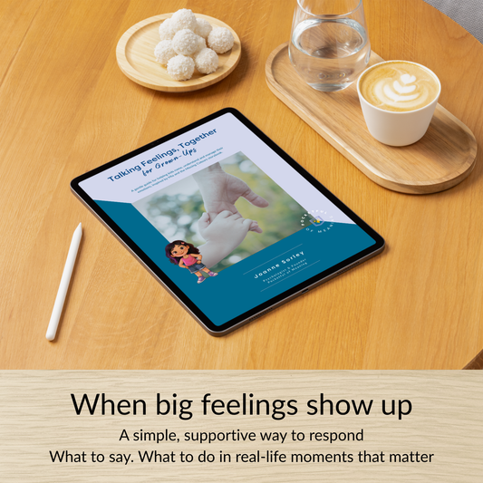 iPad displaying Talking Feelings Together parenting guide on a table with coffee, showing a digital resource to help parents support children through big feelings