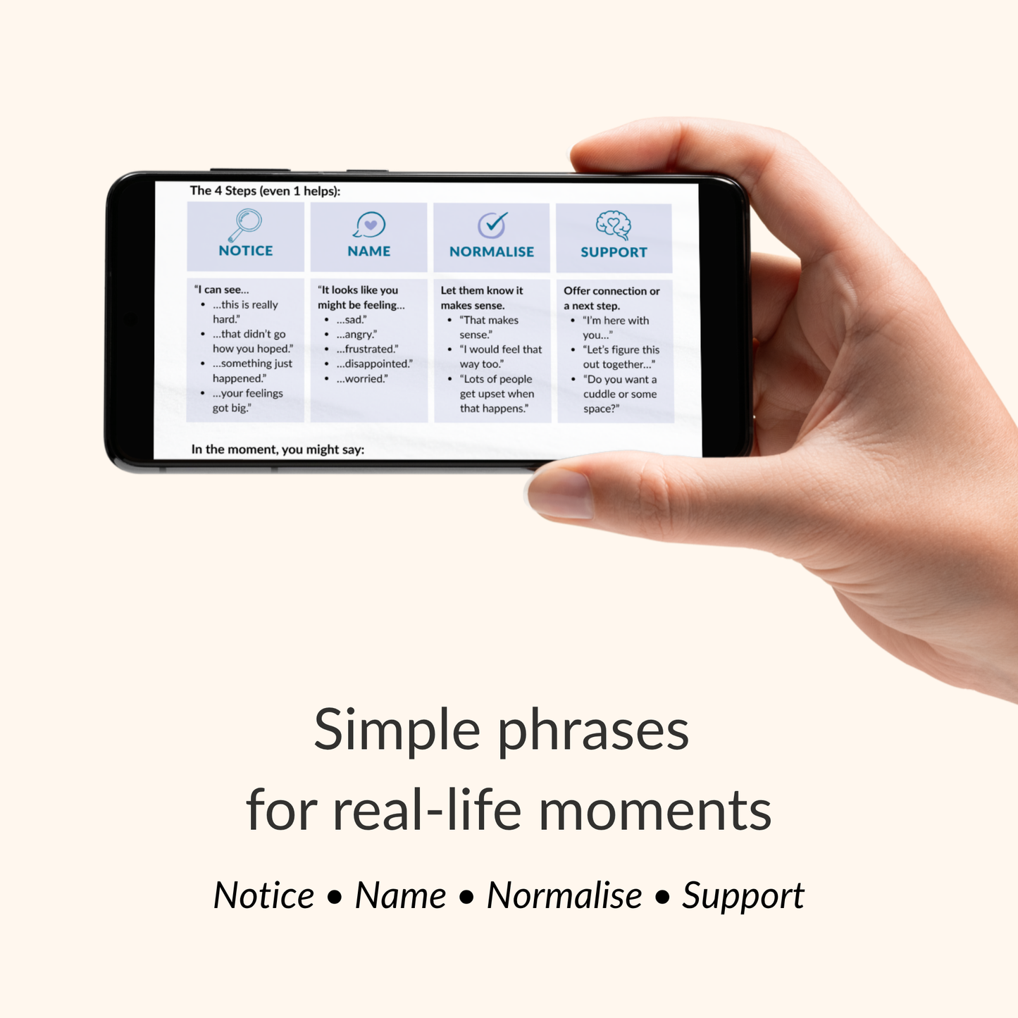 hand holding phone displaying regulation cheat sheet with notice name normalise support steps to help children regulate emotions in real-life moments