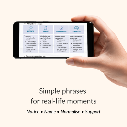 hand holding phone displaying regulation cheat sheet with notice name normalise support steps to help children regulate emotions in real-life moments