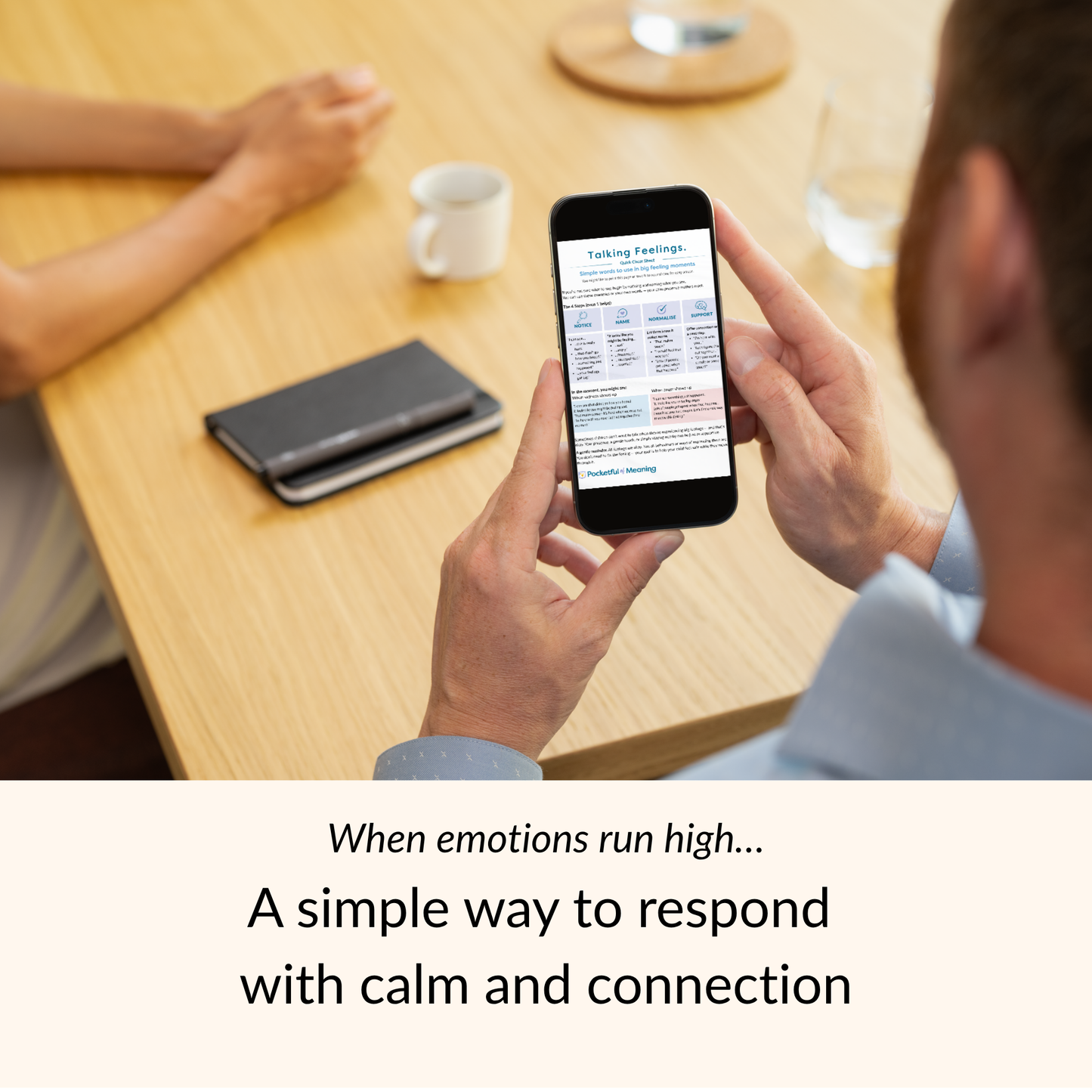 parent using phone during a child’s emotional moment, showing a quick guide with phrases to support kids through big feelings with calm and connection