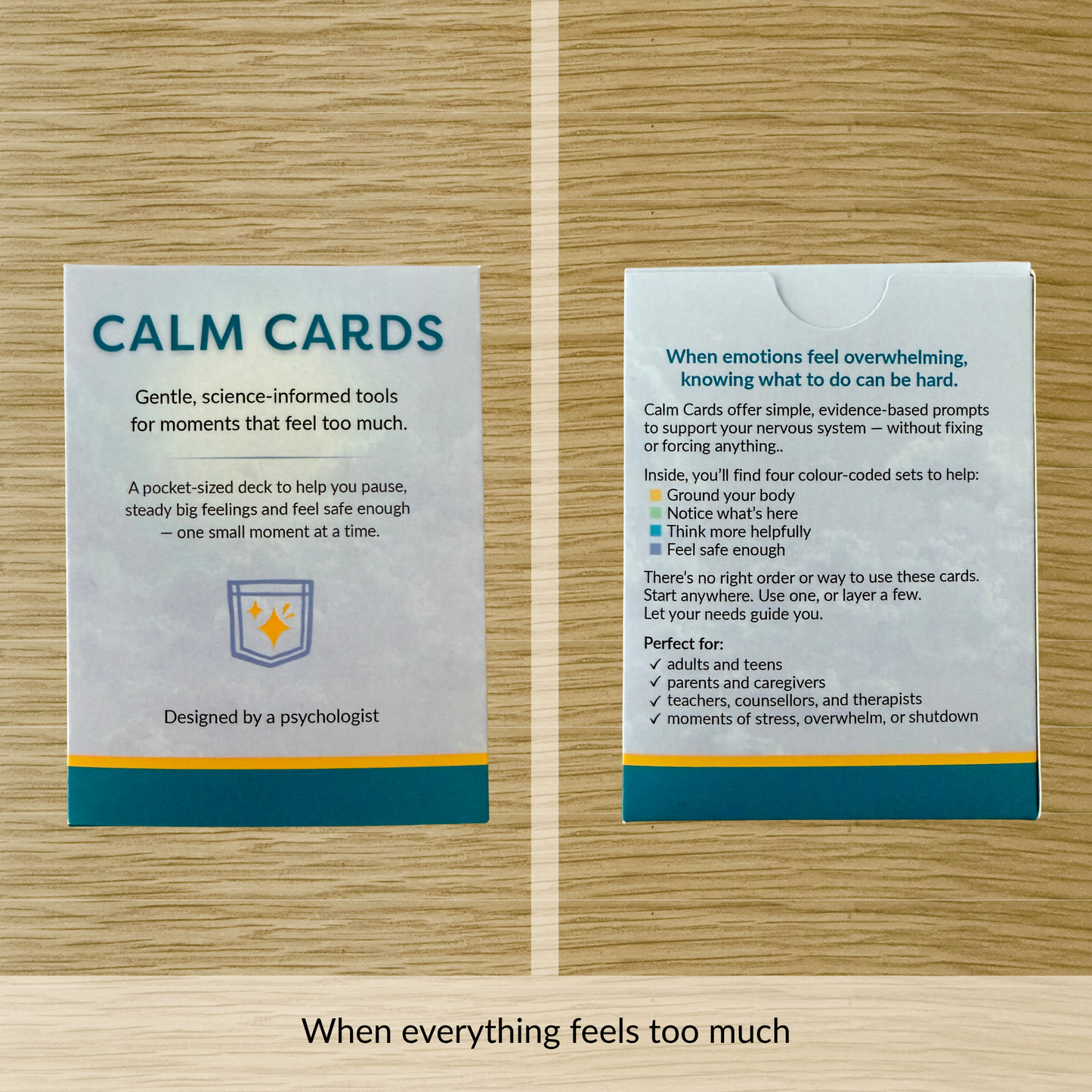Calm Cards deck for anxiety and overwhelm displayed in box showing science-informed emotional regulation tools