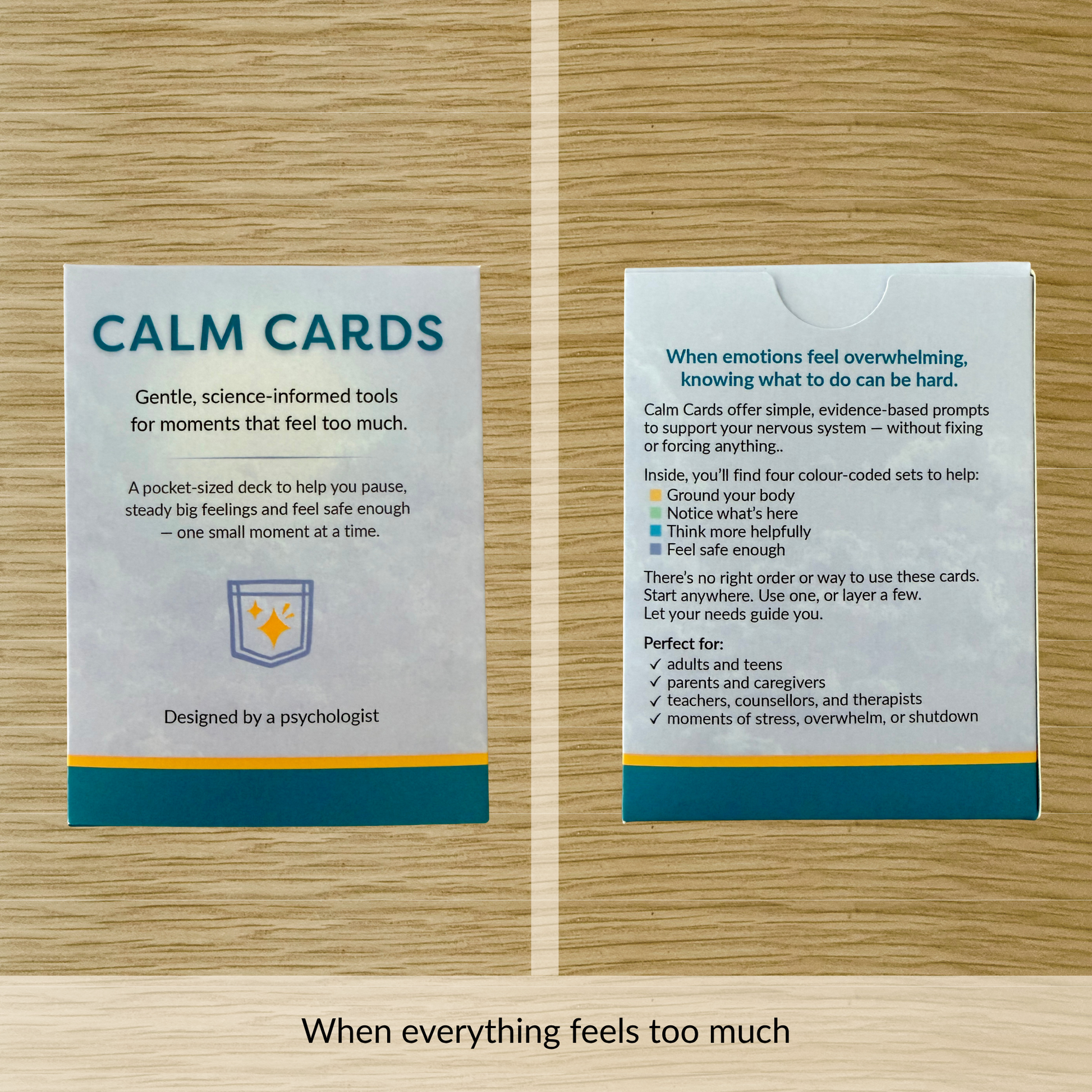 Calm Cards deck for anxiety and overwhelm displayed in box showing science-informed emotional regulation tools