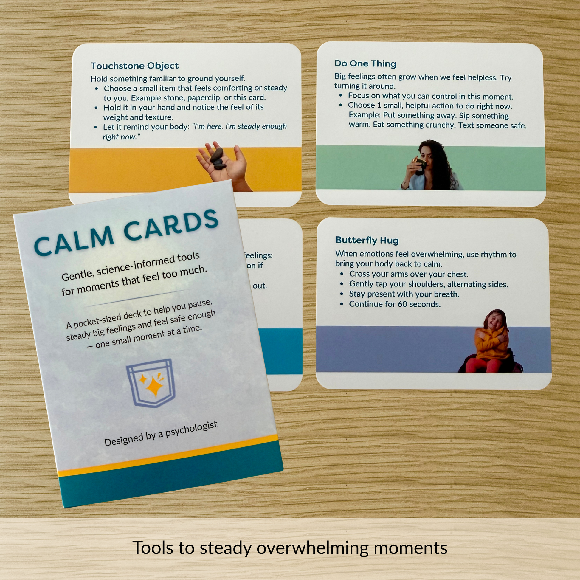 Calm Cards set showing multiple cards with practical tools for managing stress anxiety and overwhelming emotions