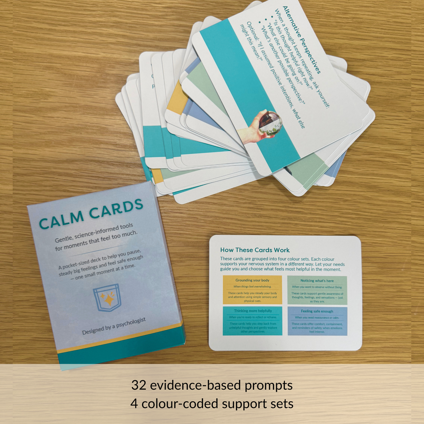 calm cards deck with multiple colour-coded cards showing what is included in the emotional regulation set