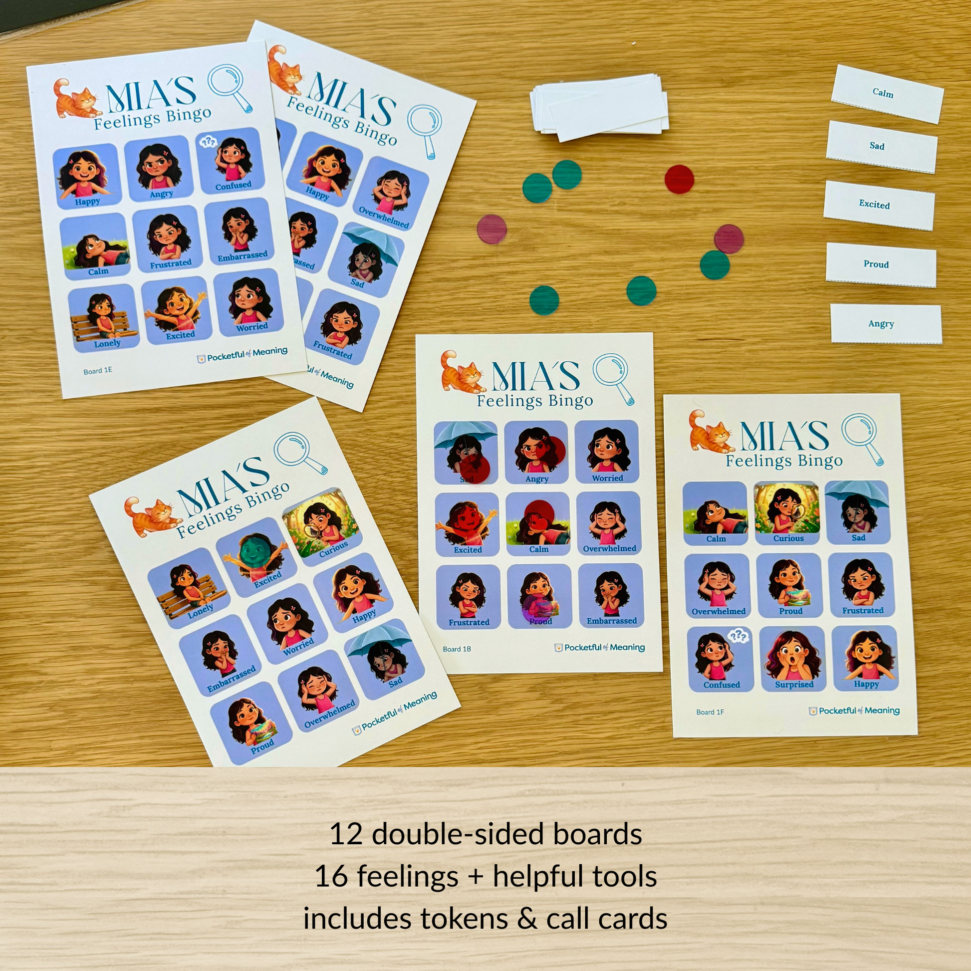 Mia Feelings Bingo game contents including boards, tokens and call cards for emotional learning