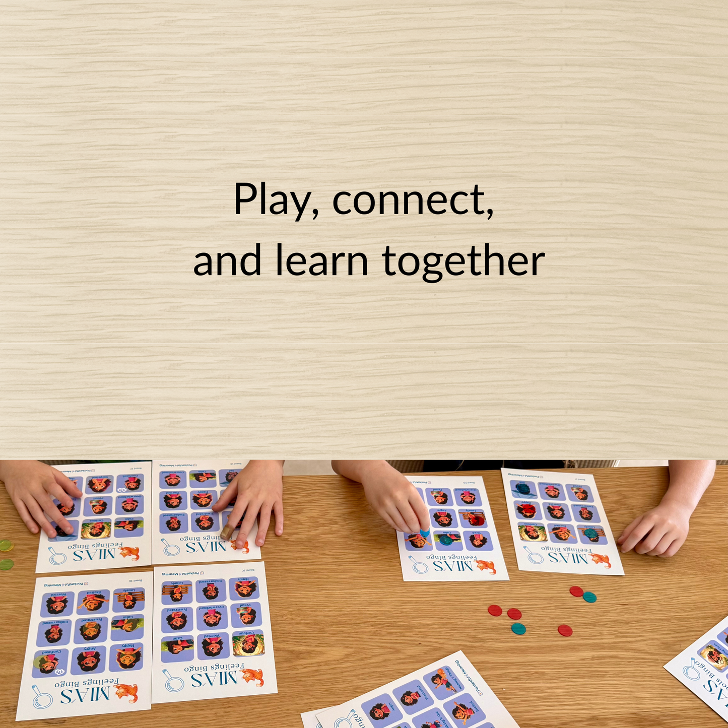 Children playing Mia Feelings Bingo together, building connection and emotional awareness through play