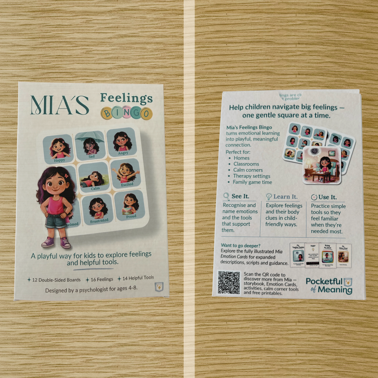 Mia Feelings Bingo children's emotional learning game box showing illustrated feelings and tools for ages 4 to 8