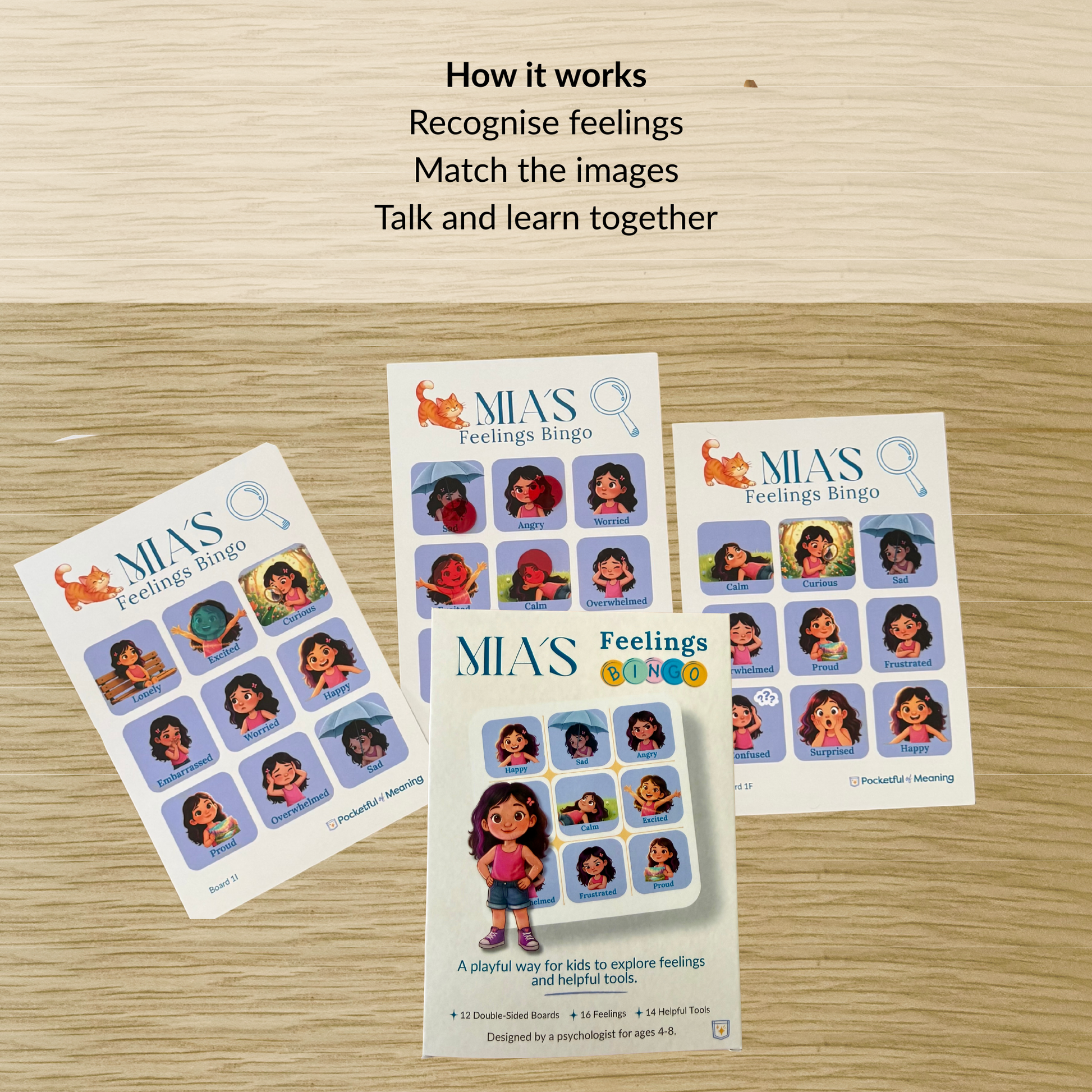 How Mia Feelings Bingo works showing children recognising emotions, matching images and learning through play