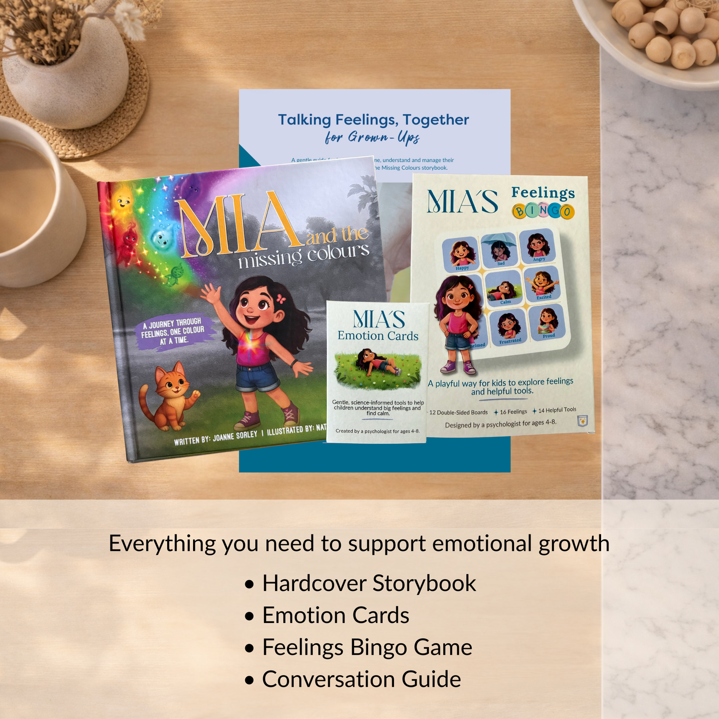 Mia feelings toolkit contents including storybook emotion cards bingo game and conversation guide